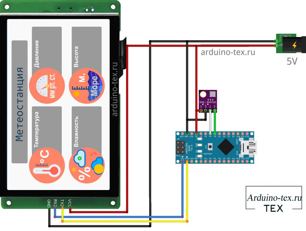 Схема подключения дисплея DWIN и модуля BME280 к Arduino NANO.