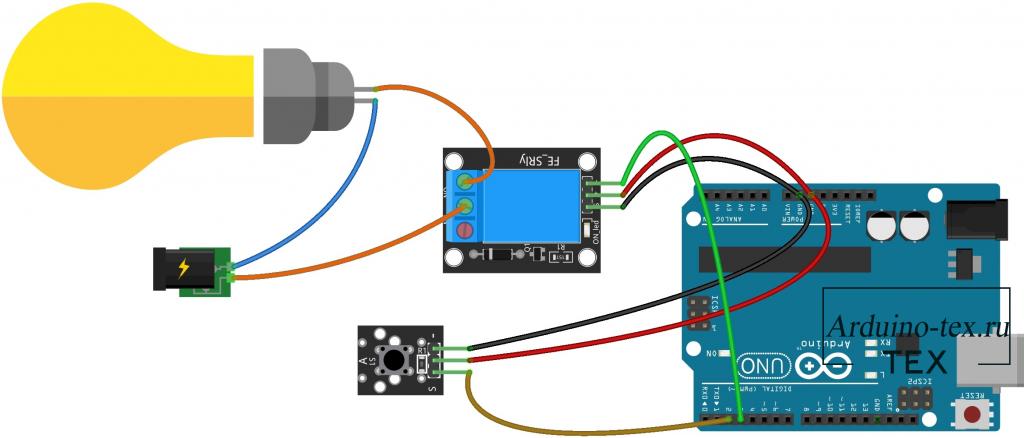 Схема подключения модуля реле KY-019 и модуля тактовой кнопки KY-004 к Arduino UNO.