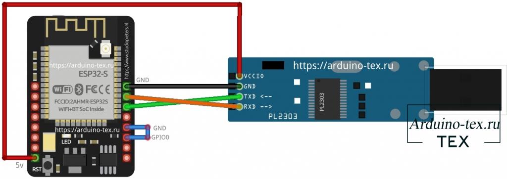 Для загрузки кода подключим PL2303HX к ESP32-CAM по схеме. 
