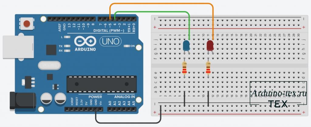 Схема подключения двух светодиодов к Arduino UNO.