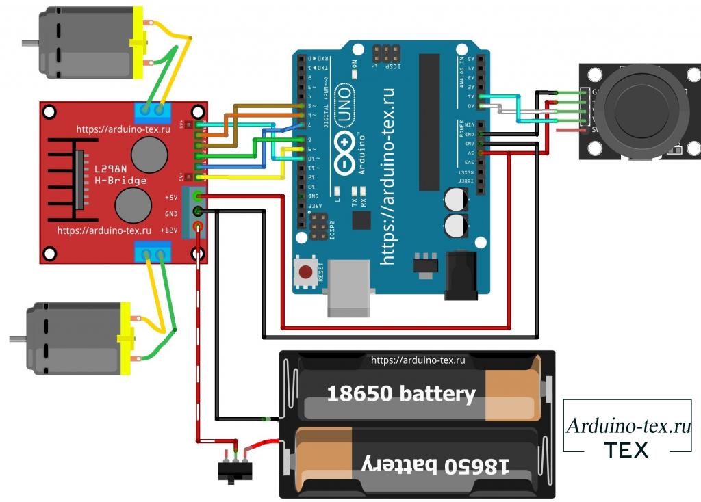 Схема подключения электроники робота машину на Ардуино.