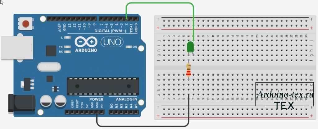 Схема подключения светодиода к Arduino.