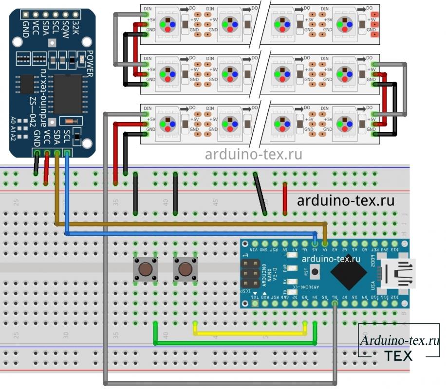 Схема подключения часов матрицы на Arduino NANO.
