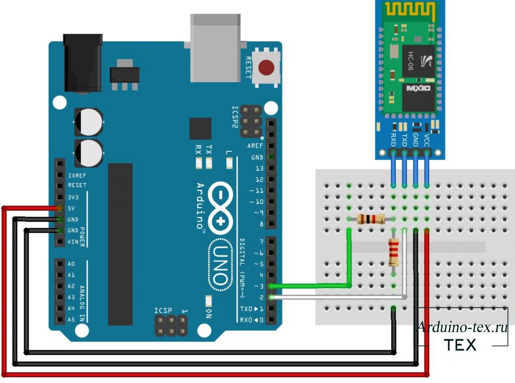 Схема подключения bluetooth-модулей  HC-06 к Arduino для настройки.
