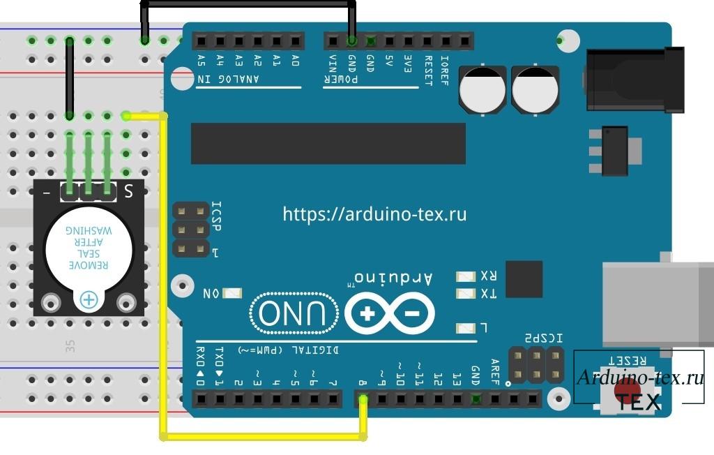 Схема подключения KY-012 активного зуммера к Arduino UNO.