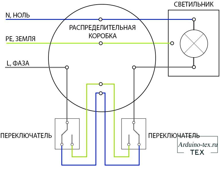 Монтажная, или рабочая, схема подключения проходного выключателя
