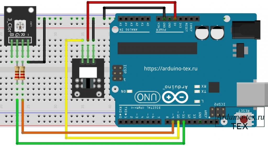 Схема подключения модуля KY-010, KY-009 к Arduino Uno.