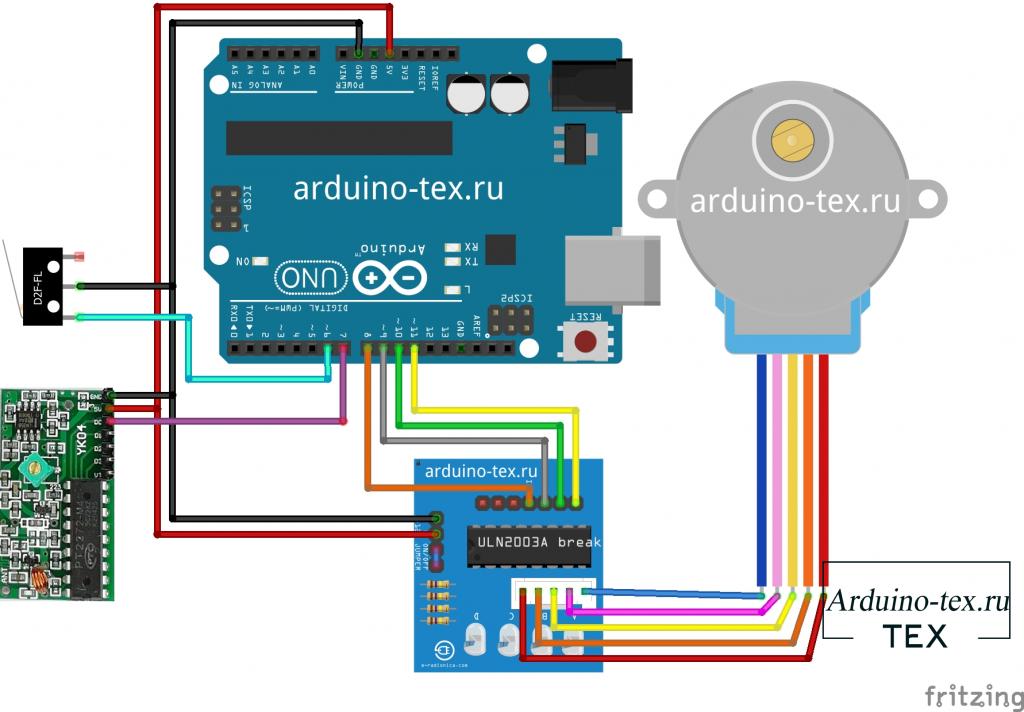 Схема подключения радиоуправления замком на Arduino UNO.