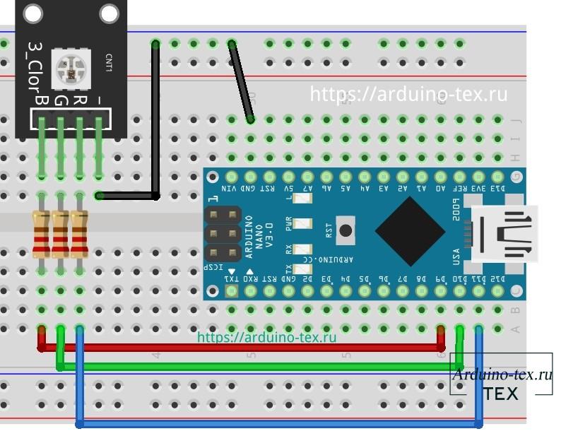 Схема подключения KY-009 к Arduino NANO.