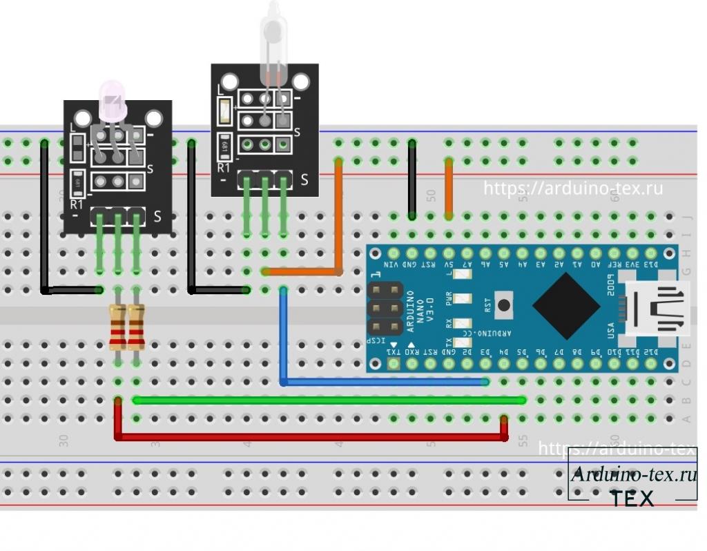Схема подключения модулей KY-017, KY-011 к Arduino NANO.