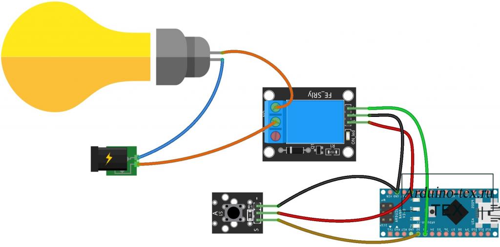 Схема подключения модуля реле KY-019 и модуля тактовой кнопки KY-004 к Arduino NANO.
