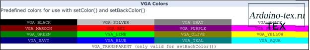  В библиотеке предустановлено несколько констант, отвечающих за цвет, но вы можете так же использовать любой цвет в RGB.
